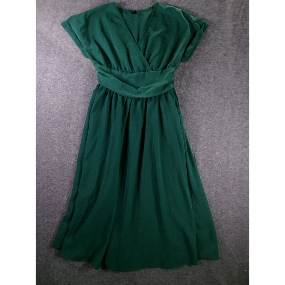 GOMORN Dress Women XL Green Wrap V Neck Smocked Waist Maxi Cap Sleeve Fit